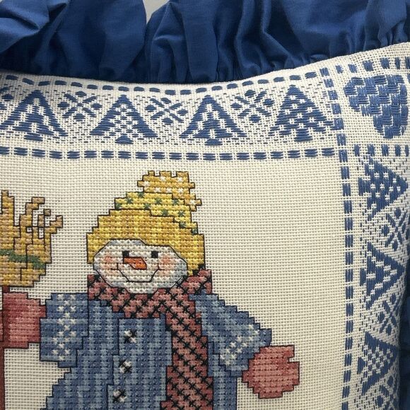 Vintage Handmade Snowman With Broomstick Cross Stitch Throw Pillow EUC - Picture 3 of 10